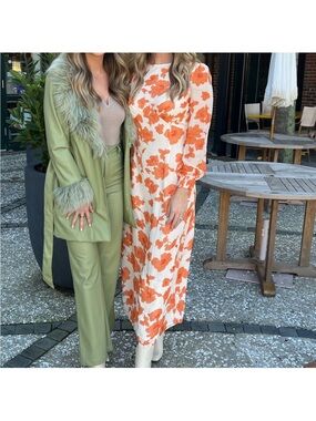 Floor length, orange and cream, flower print dress